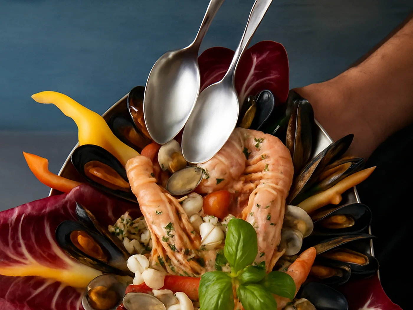 Gran piatto di mare con scampi, cozze e gamberi servito al tavolo