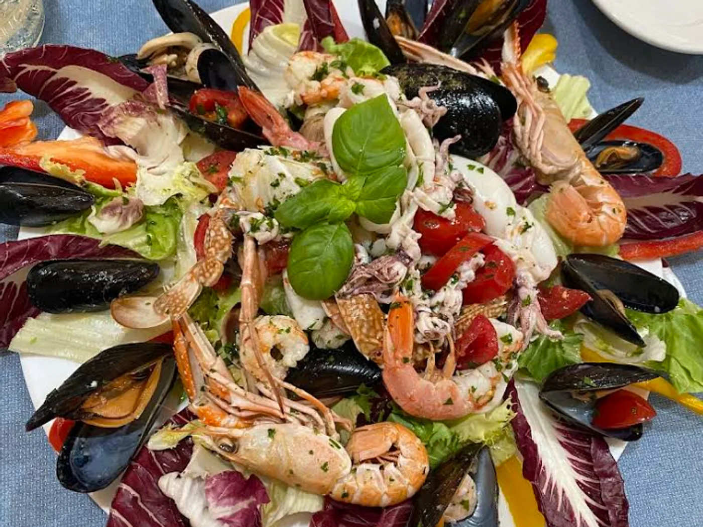 Antipasto di mare con cozze, gamberi e radicchio