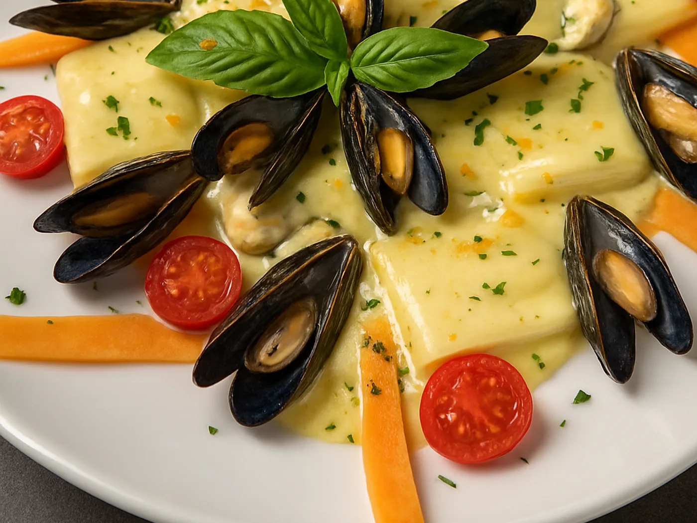 Paccheri in crema con cozze, pomodorini e basilico