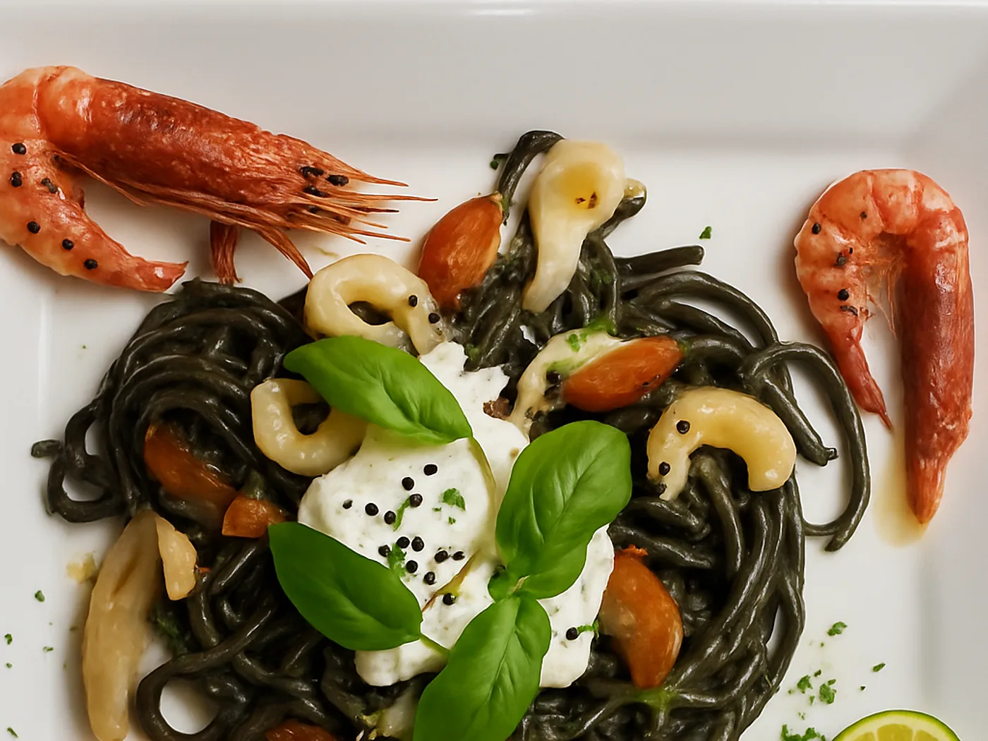 Spaghetti al nero di seppia con gamberi rossi e burrata