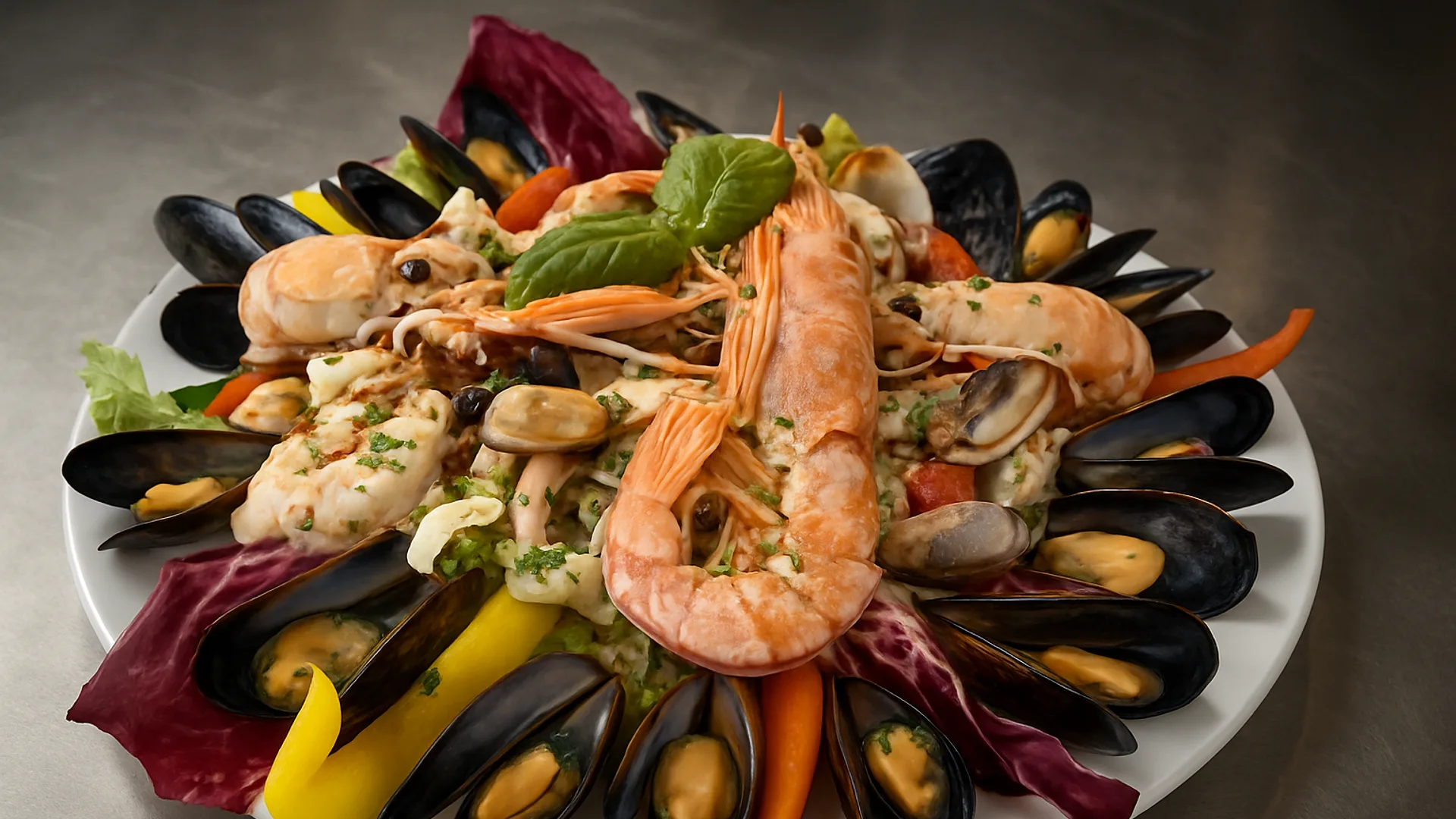 Gran piatto di mare del Goen con scampi, gamberi e cozze